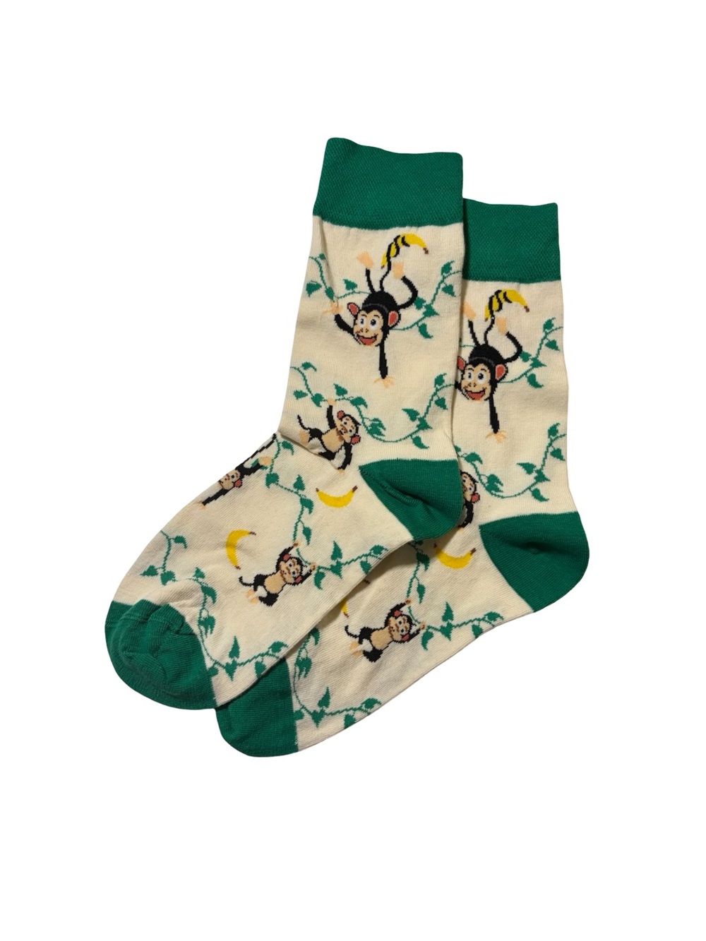 Socky Wocky Monkey Banana Print Mid Calf Crew Socks Green Cream Women’s OS